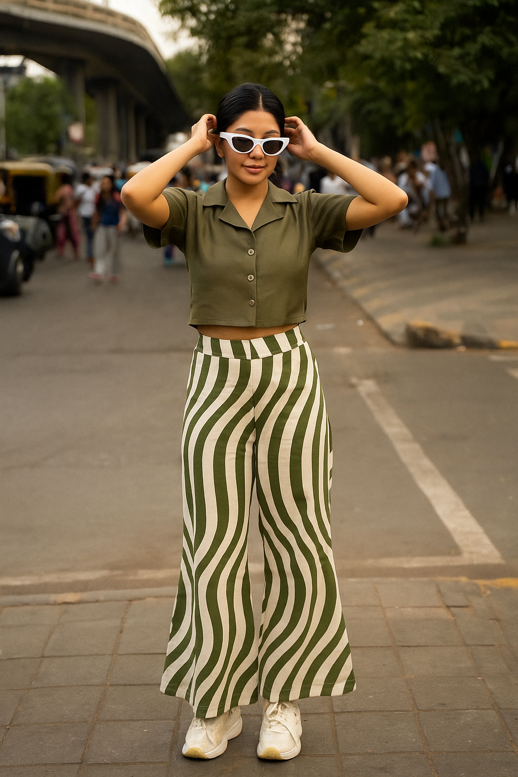 Olive Breeze Crop Shirt & Wave Flare Trousers Set