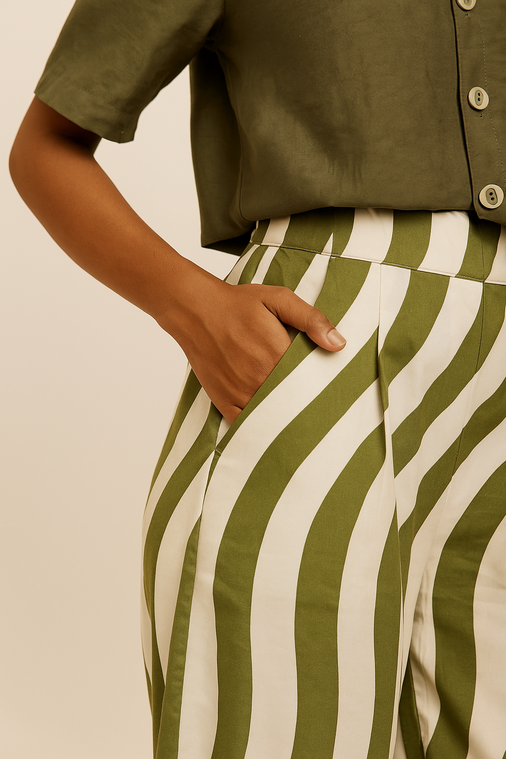Olive Breeze Crop Shirt & Wave Flare Trousers Set