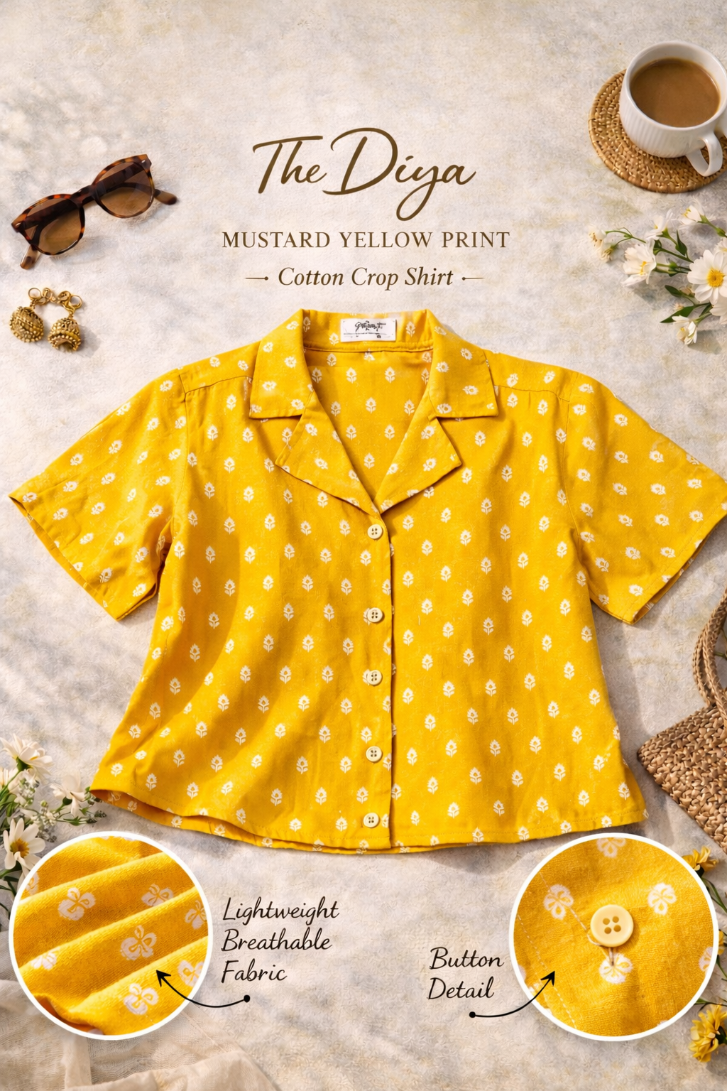 Diya - Mustard Yellow Print Crop Shirt💛