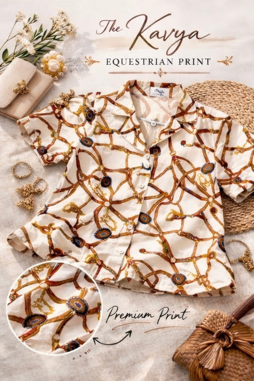 Kavya- Equestrian Print Crop Shirt🤎