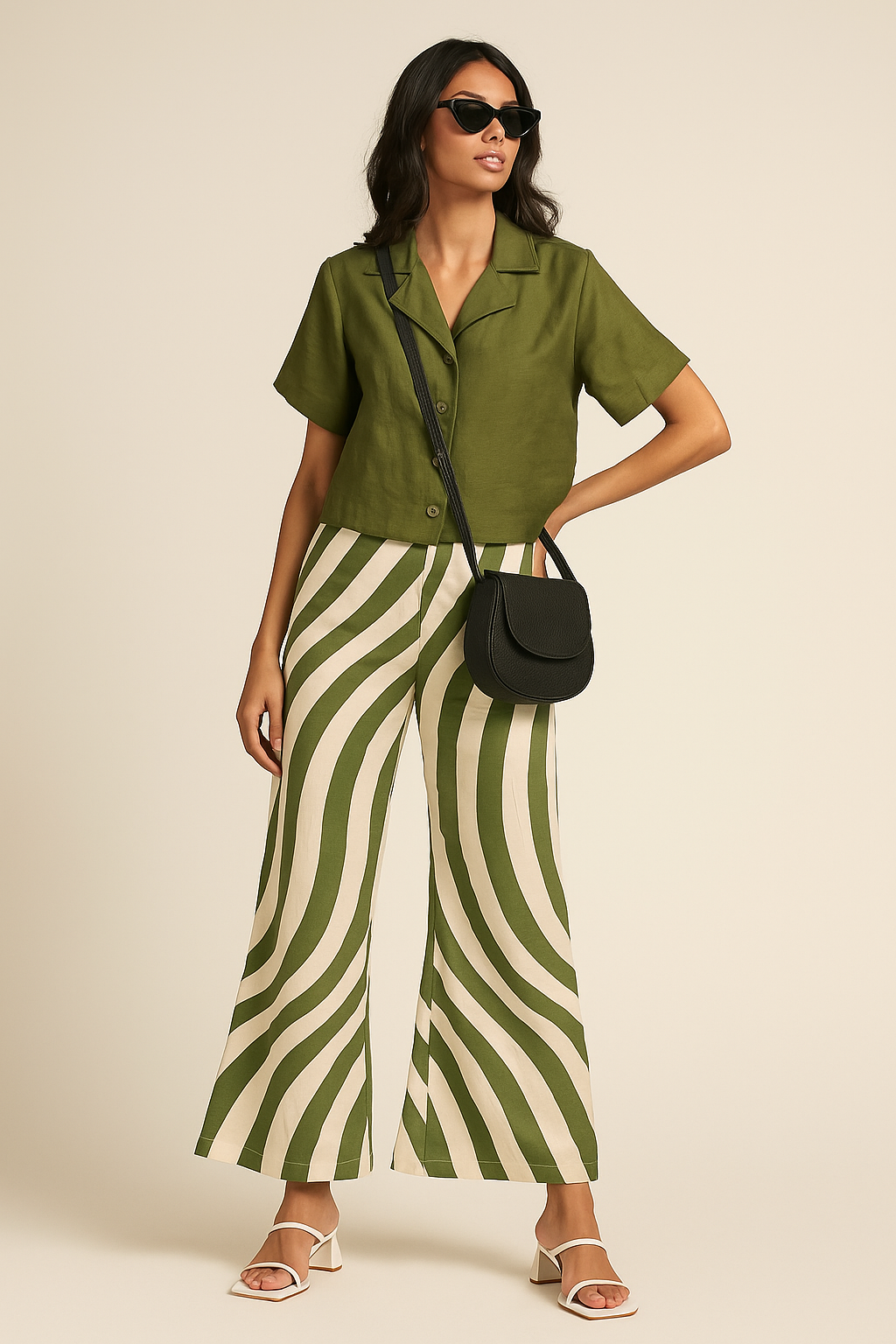 Olive Breeze Crop Shirt & Wave Flare Trousers Set